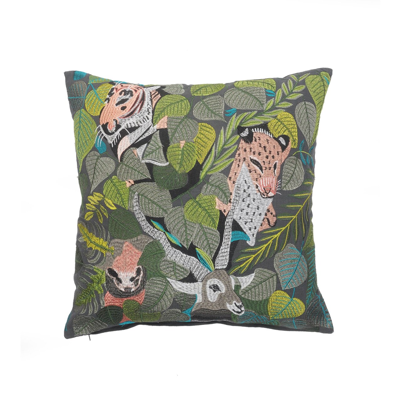 Laddha Home Designs 20" Gray and Green Jungle Scene Square Throw Pillow